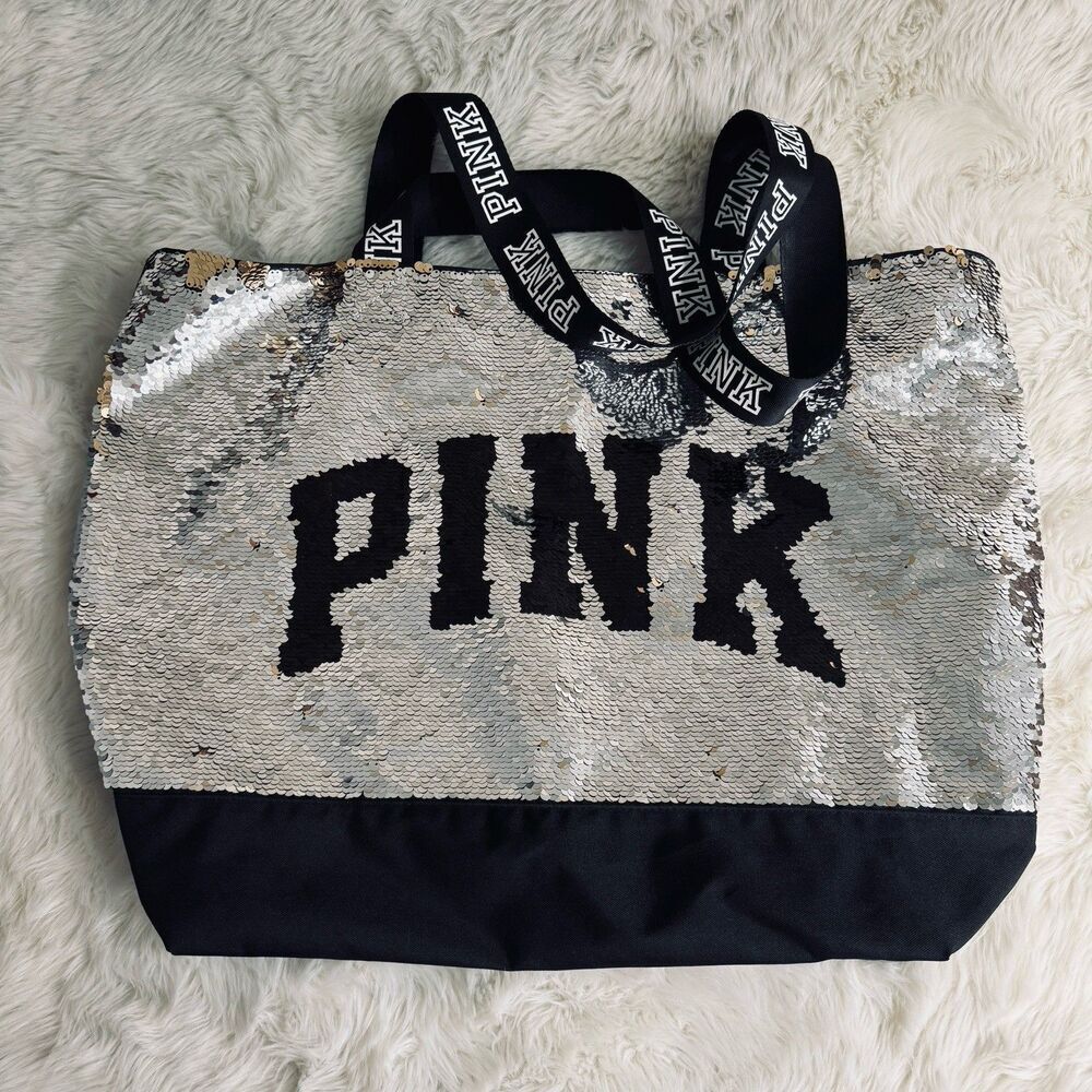 Victoria's Secret PINK Weekender Travel Beach Tote Bag Black Silver Sequin Zip